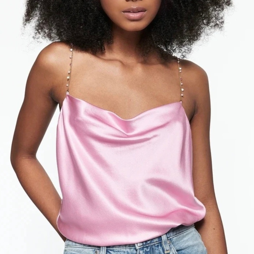 Cami NYC Busy Bead Silk Cami Candy Pink Beaded Chain Strap Cowl Neck Small